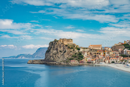 View of Ruffo castle and Scilla village perched on the promontory, province of Reggio Calabria IT