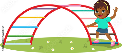 Vector illustration of little girl play climbing. Climb ladder on playground. Student at school childhood concept