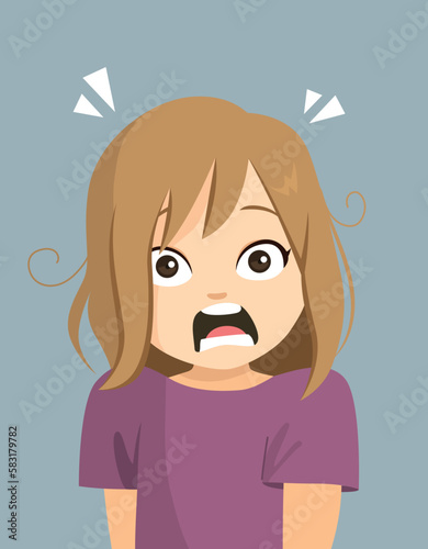 Vector illustration of child reacting with astonished face expression. Girl feeling fear concept