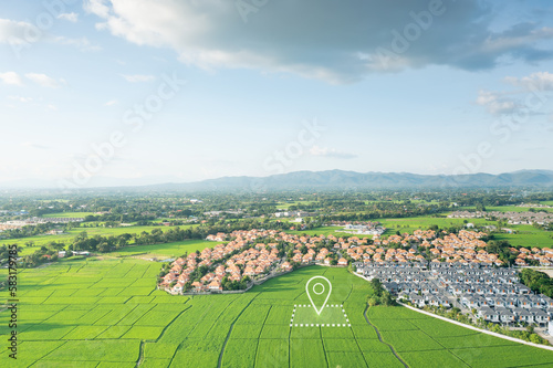 Land plot in aerial view. Identify registration symbol of vacant area for map. Real estate or property for business of home, house or residential i.e. construction, development, sale, buy, investment.