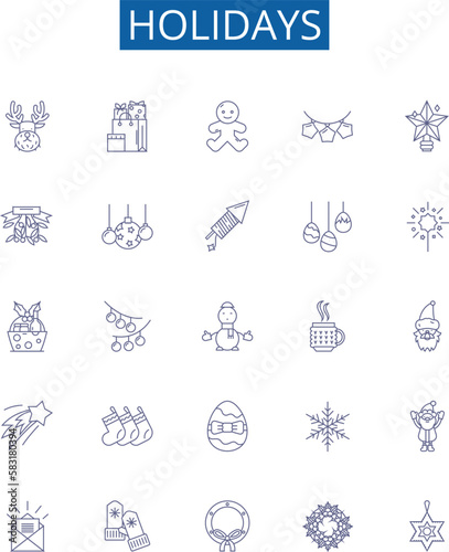 Holidays line icons signs set. Design collection of Vacation, Festive, Trip, Break, Celebratory, Restful, Fun, Joyful outline concept vector illustrations