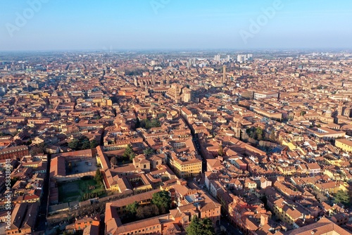 Aerial video of Bologna city center at sunset, Emilia Romagna, Italy