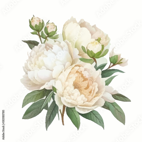Hand drawn watercolor illustration of beautiful white Peony. Vector, Isolated on white background. Element for design of invitations, movie posters, fabrics and other objects.