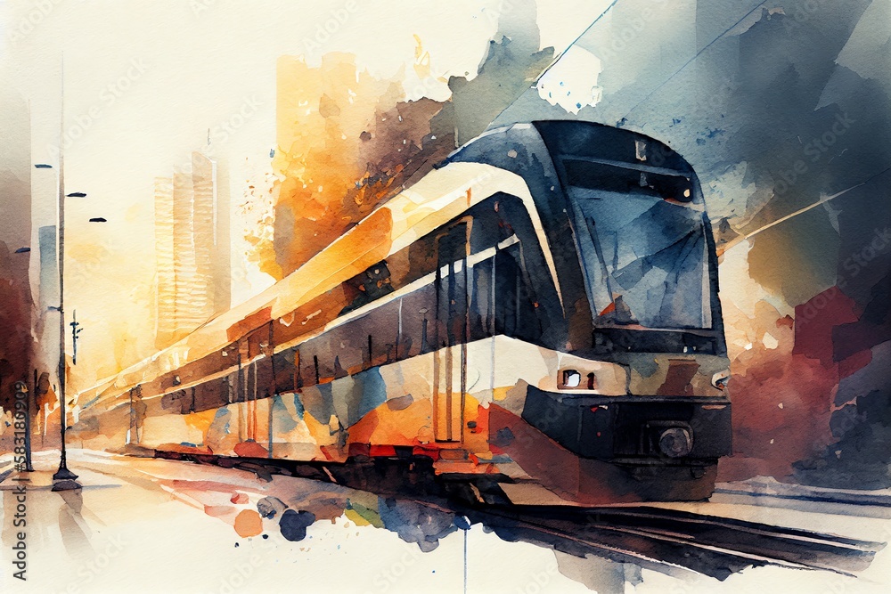 Watercolor Illustration of a ArtistS Rendering Of Modern Train On City Street. Generative AI