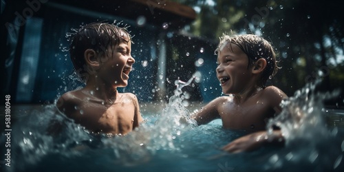 deux enfant en train de jouer dans une piscine et de s   clabousser - generative ai