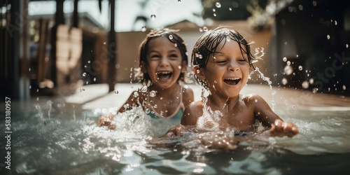 deux enfant en train de jouer dans une piscine et de s   clabousser - generative ai