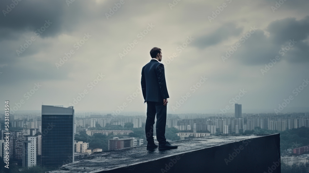 The businessman stands on the edge of the roof and looks at the city, the concept of success in business created with generative AI technology The businessman stands on the edge of the roof and looks at the city, the concept of success in business created with generative AI technology