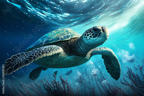 Beautiful turtle swimming in the blue ocean. Generative AI.