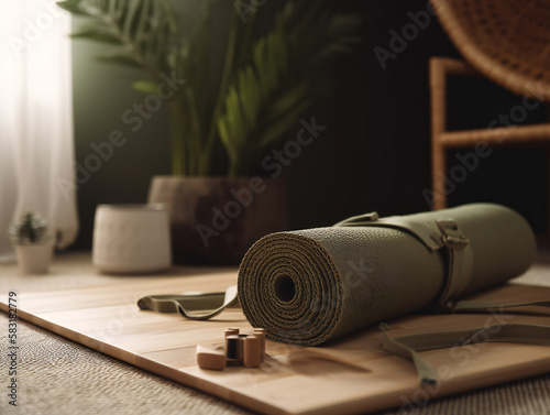 Essential yoga accessories, mat and props, promoting relaxation and stress relief, generative AI