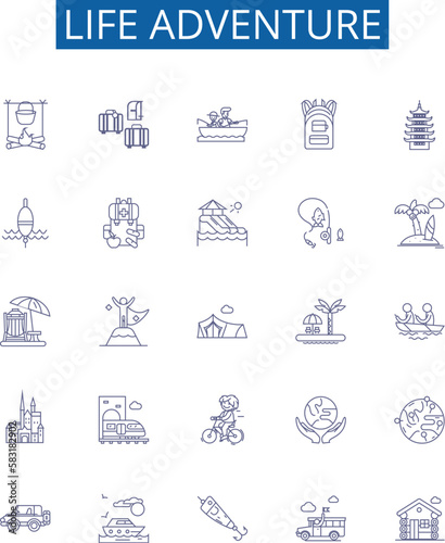Life adventure line icons signs set. Design collection of Journey, Exploration, Experience, Excursion, Trek, Quest, Tour, Spree outline concept vector illustrations