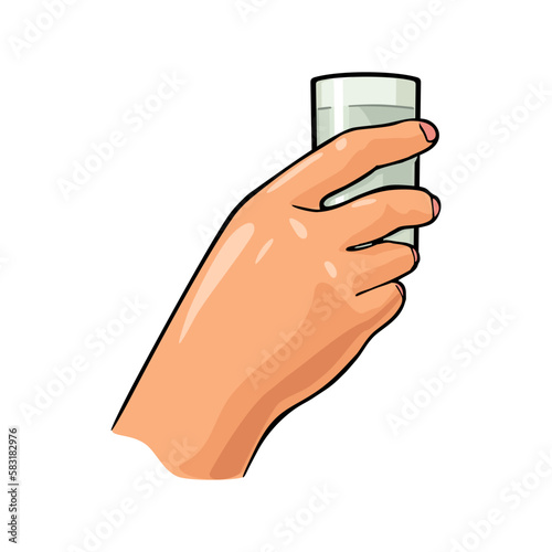 Female hand holding glass vodka. Color vector illustration