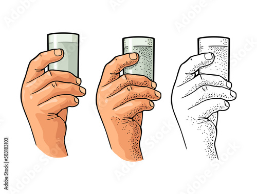 Male hand holding glass vodka. Vintage vector engraving