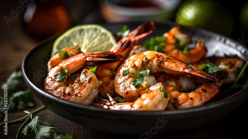 Grilled shrimp with aromatic herbs and citrus photo