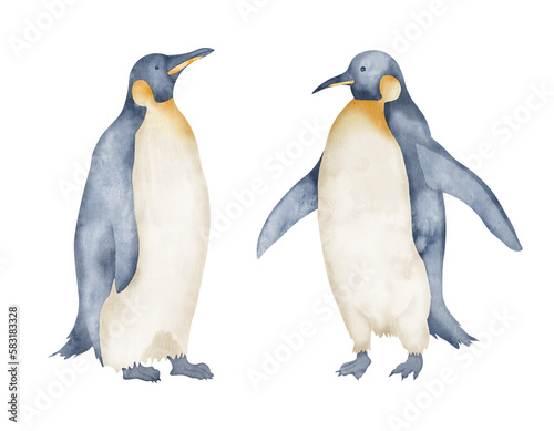 Watercolor Emperor Penguins. Hand drawn illustration isolated on white background. Drawing of Antarctic animals in pastel colors. Sketch of polar bird. Sketch for logo or icon. North character.