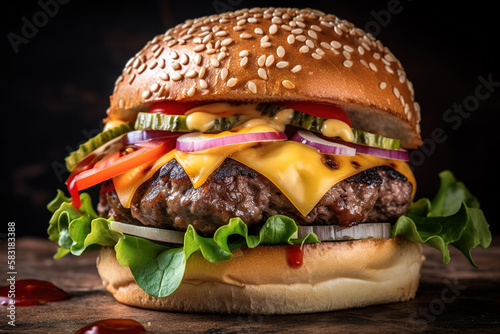 Deliciosa hamburguesa gourmet con fondo oscuro photo