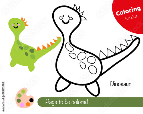 Colouring book for kids Dinosaur. Cute cartoon Dinosaur character. Educational colouring game with cartoon character. Logic Games for Kids with colours. Learning card with task for child preschool 