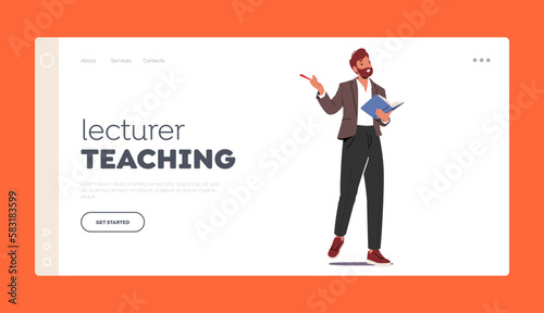 Lecturer Teaching Landing Page Template. Male Teacher Character Holding An Open Book While Conducting A Lesson in School