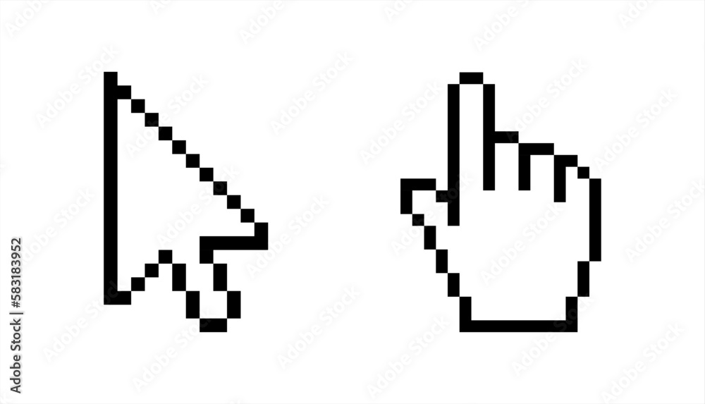 Pixel mouse cursor and hand pointer icon. Clipart image isolated on white background. Vector 10 eps.
