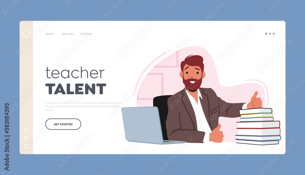 Teacher Talent Landing Page Template. Male Character Smiling And Showing Thumb Up Sitting at Desk with Laptop and Books