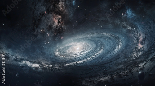 A view from space to a spiral galaxy and stars. Universe filled with stars, nebula and galaxy, generative ai