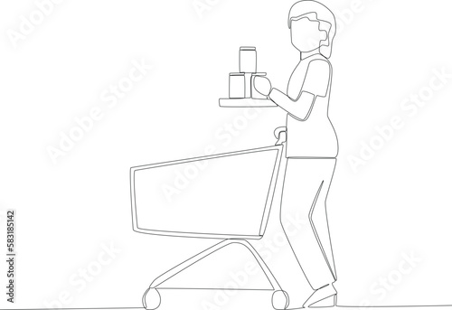 A woman buys three jars of jam at the supermarket. Grocery shopping one-line drawing