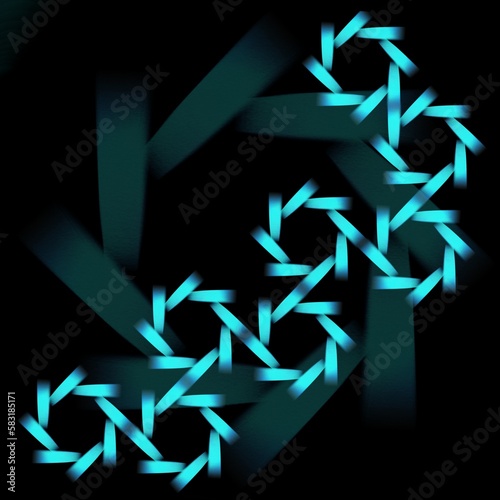 Modern futuristic blue colored polygon spiral repeat pattern design on black background 