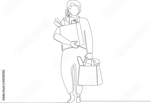 A woman buys a lot of groceries. Grocery shopping one-line drawing