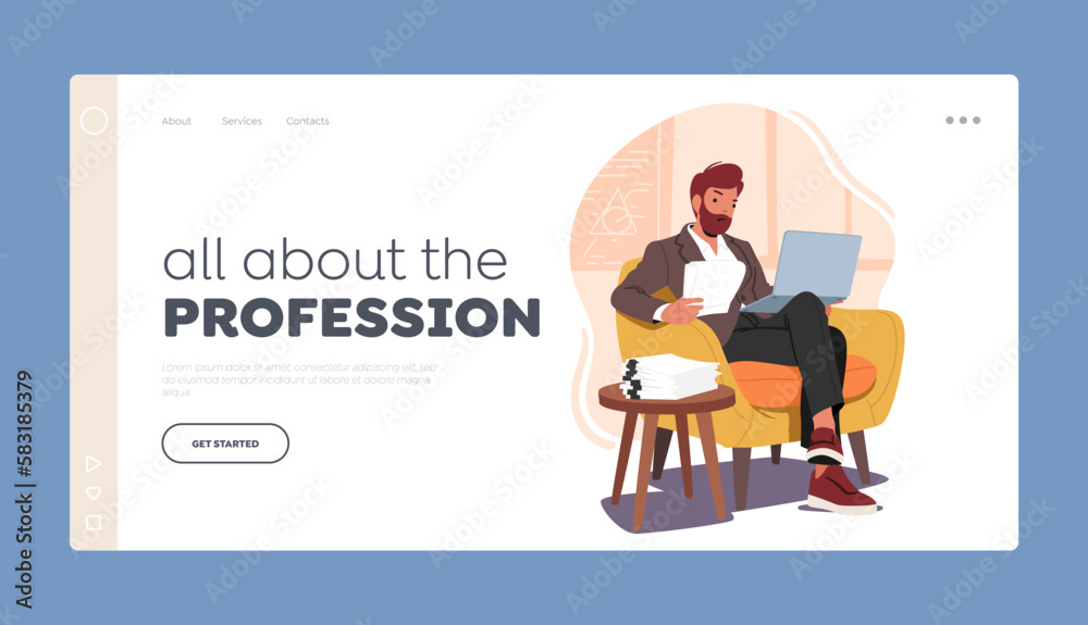 Teacher Profession Landing Page Template. Male Character In Classroom, Holding Notebook While Grading Tests