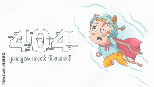 error 404 page not found funny little man Chibi in a red raincoat flying with a broken wire illustration for design design