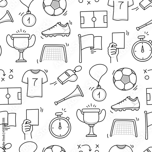 Soccer doodle seamless pattern. Football goal, award cup, whistle hand drawn line doodle sketch style equipment icon. Vector illustration