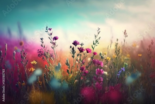 Landscape of cosmos flower field with sunlight. vintage color tone. Generative ai