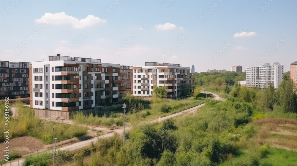 Cityscape of a residential area with modern apartment buildings, new green urban landscape in the city, generative ai