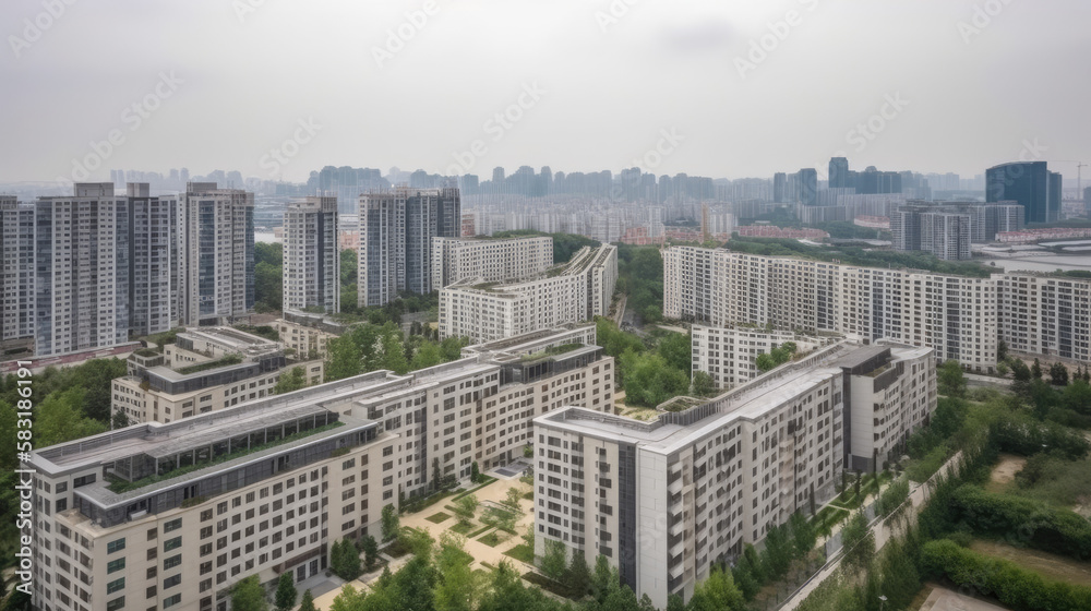 Cityscape of public urban area with residential area and modern apartment buildings, generative ai