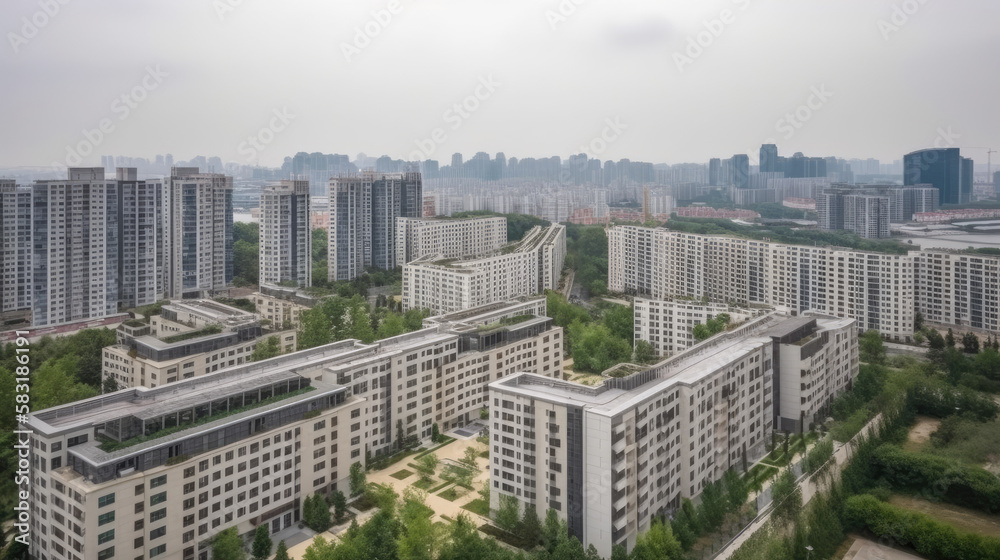 Fototapeta premium Cityscape of public urban area with residential area and modern apartment buildings, generative ai