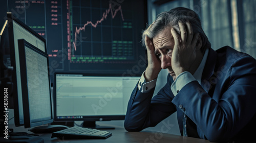 Businessman panics over falling stock market quotes, inflation and business failure created with generative AI technology