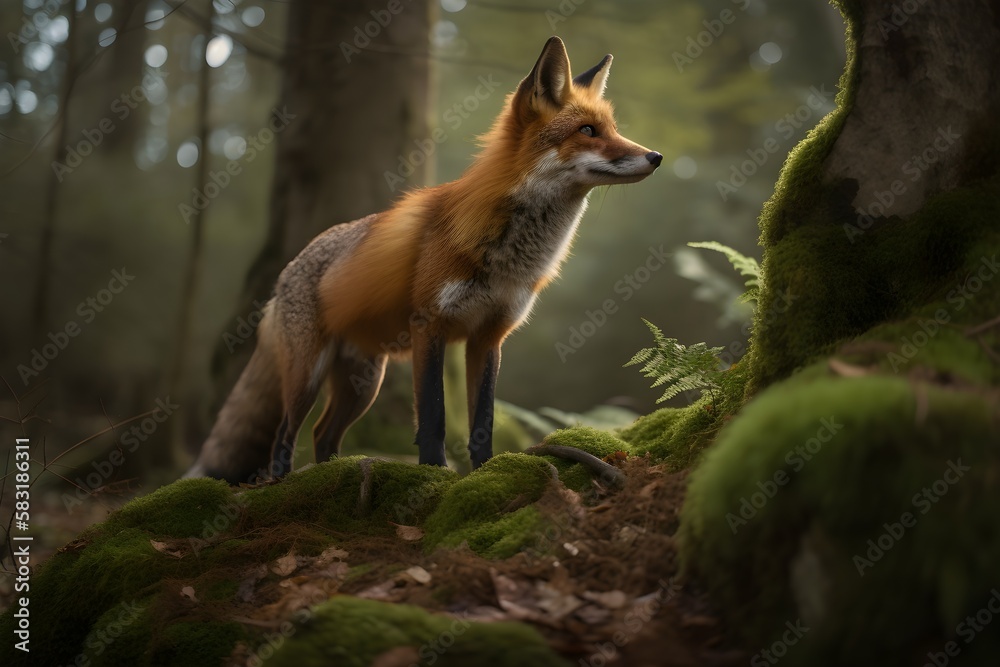 A red fox in a woodland environment, looking into the distance. Generative AI.