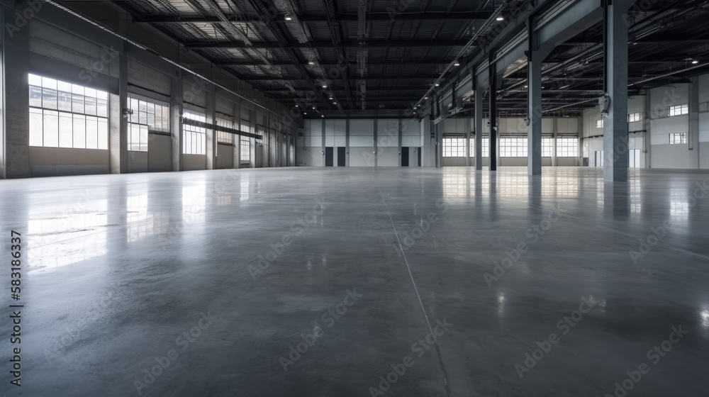 Concrete floor inside industrial building. Use as large factory, warehouse, storehouse, hangar or plant.  generative ai