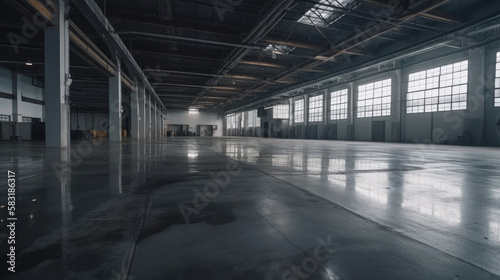 Concrete floor inside industrial building. Use as large factory  warehouse  storehouse  hangar or plant.  generative ai
