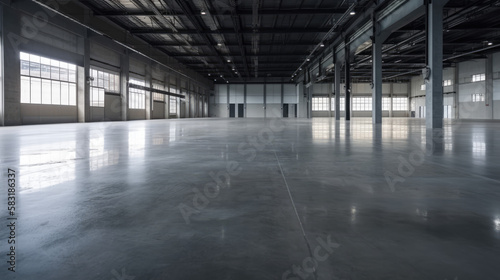 Concrete floor inside industrial building. Use as large factory, warehouse, storehouse, hangar or plant. generative ai