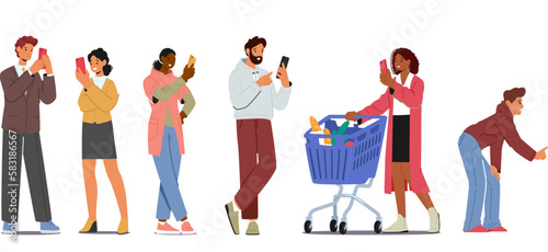 Set of Young Characters with Phones, Smartphone Communication Concept. Men and Women Holding Mobiles Chatting photo