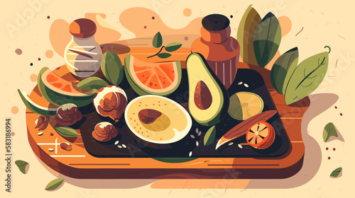 Fresh Food On A Wooden Cutting Board. Scalable & Editable Vector Art