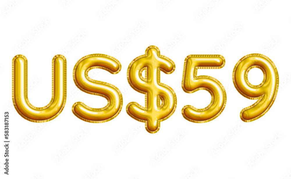 US$59 or Fifty-nine Dollar 3D Gold Balloon. You can use this asset for your content like as USD Currency, Flyer Marketing, Banner, Promotion, Advertising, Discount Card, Pamphlet and anymore. US$59 or Fifty-nine Dollar 3D Gold Balloon. You can use this asset for your content like as USD Currency, Flyer Marketing, Banner, Promotion, Advertising, Discount Card, Pamphlet and anymore.
