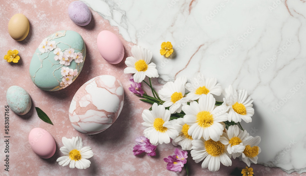 Marble texture easter flatlay with eggs and flowers generative ai Marble texture easter flatlay with eggs and flowers generative ai