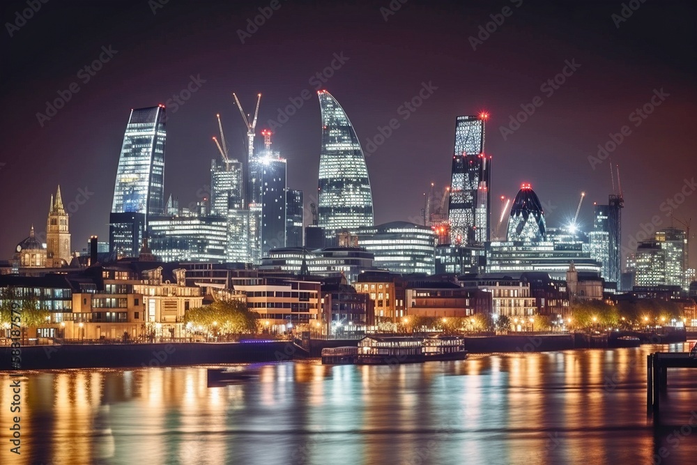 Striking London Skyline at Night: Historic and Modern Architecture, Illuminated Landmarks, AI-Generated