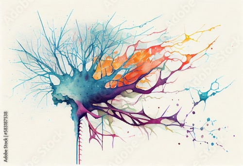 Watercolor Illustration of a Brain Neuron. Generative AI photo