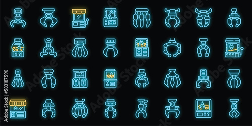 Grabber icons set outline vector. Claw crane. Game reacher neon color on black