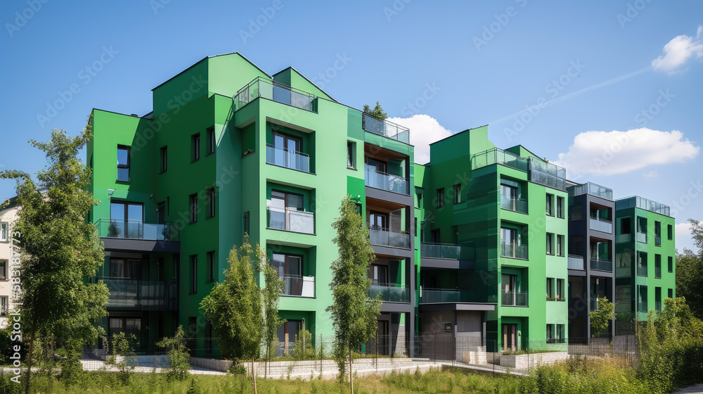 Modern apartment buildings in a green residential area in the city, generative ai Modern apartment buildings in a green residential area in the city, generative ai