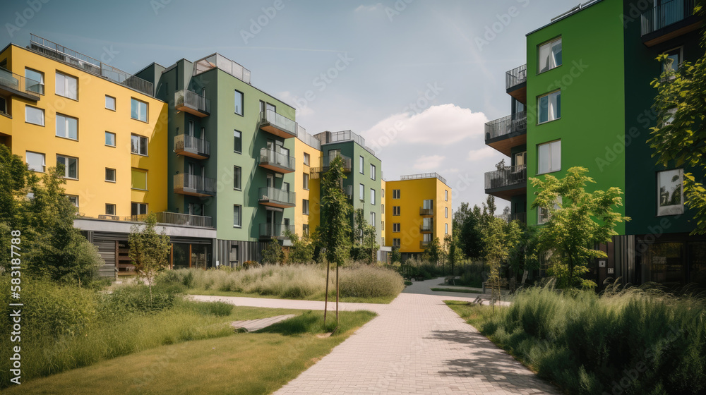 Modern apartment buildings in a green residential area in the city, generative ai