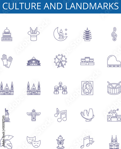 Culture and landmarks line icons signs set. Design collection of tradition, heritage, architecture, sculpture, monuments, art, ritual, folklore outline concept vector illustrations