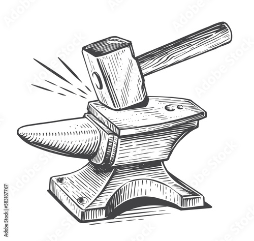 Hammer strikes the anvil. Blacksmith craft, forge, metal workshop concept. Vintage sketch vector illustration